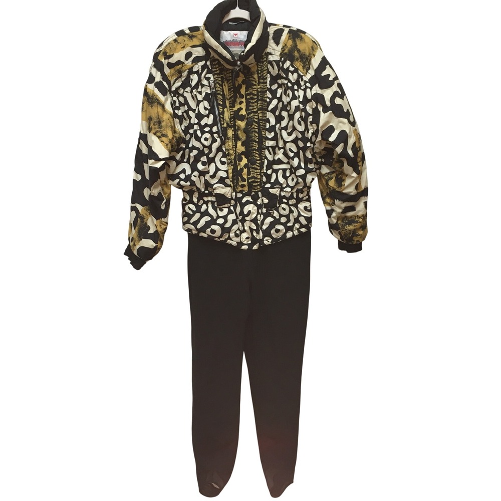 Obermeyer Vintage One-Piece Ski Suit Women's 16 Black Gold Retro Animal Print